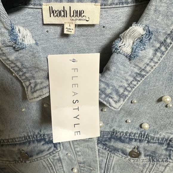 Peach Love California Cropped Distressed Denim Jacket with Pearls - Picture 3 of 5